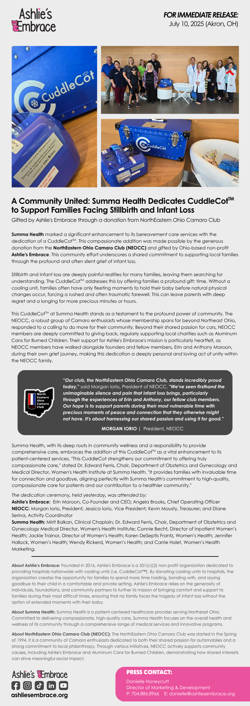 A Community United: Summa Health Dedicates CuddleCotTM to Support Families Facing Stillbirth and Infant Loss 

Gifted by Ashlie's Embrace through a donation from NorthEastern Ohio Camaro Club 