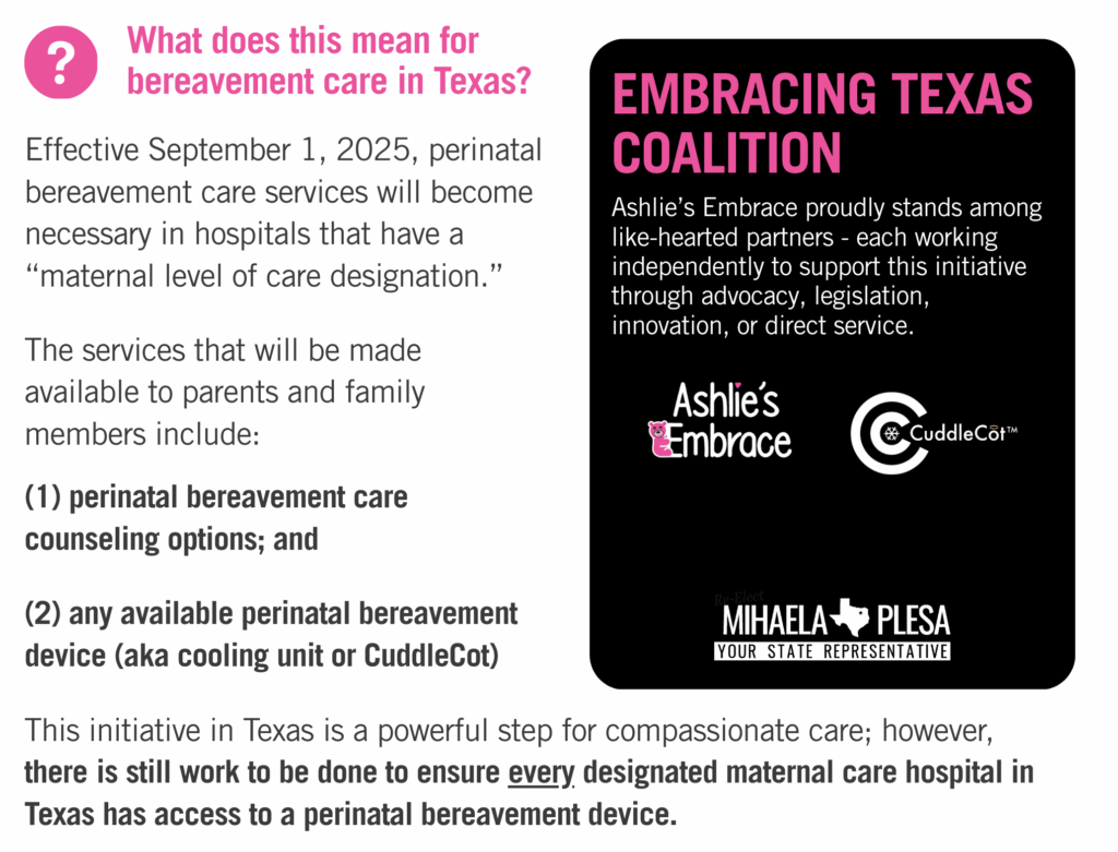 This image contains text that reads: Effective September 1, 2025, perinatal bereavement care services will become necessary in hospitals that have a “maternal level of care designation.”
What does this mean for bereavement care in Texas?
The services that will be made available to parents and family members include:

(1) perinatal bereavement care counseling options; and
(2) any available perinatal bereavement device (aka cooling unit or CuddleCot)
This initiative in Texas is a powerful step for compassionate care; however, there is still work to be done to ensure every designated maternal care hospital in Texas has access to a perinatal bereavement device.